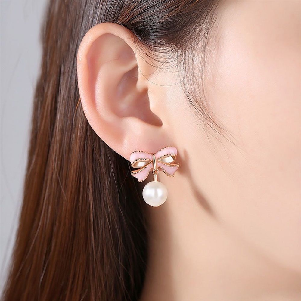 ❤️081❤️ Cute Pink Bow & Pearl Dangle Stud Earrings For Women @KindLuxuries